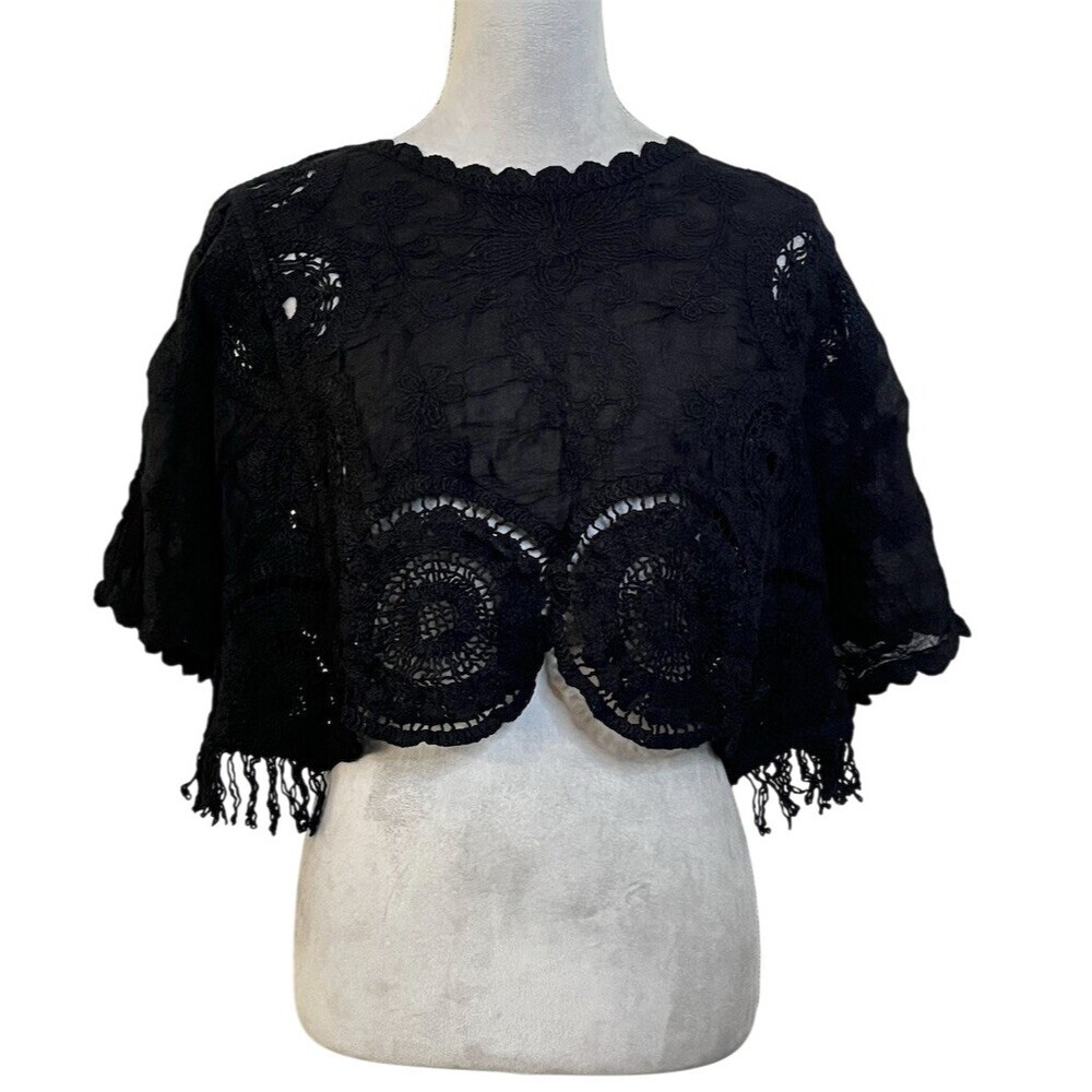 POL Boho Crochet Embroidered Cropped Top OS BlacK Festive Hippie Gypsy Gothic - Picture 2 of 15